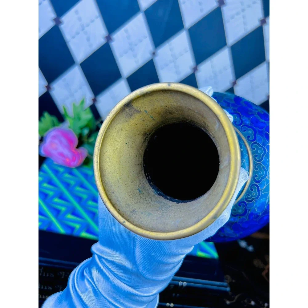 Vintage Blue Cloisonné Floral Vase Brass Trim 10" - Picture 7 of 10